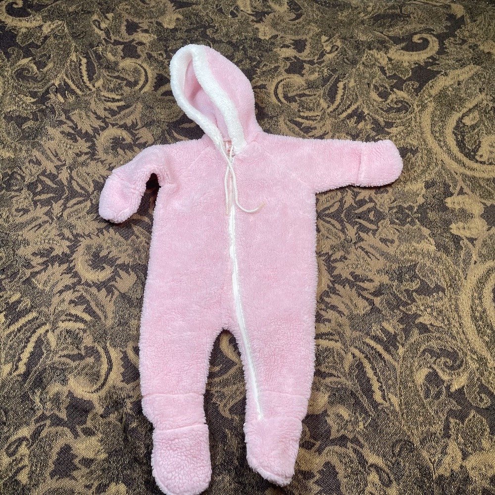 Vtg 70s Sears Small Infant Pink Fleece Sherpa One Piece Footed Hoodie Zipper